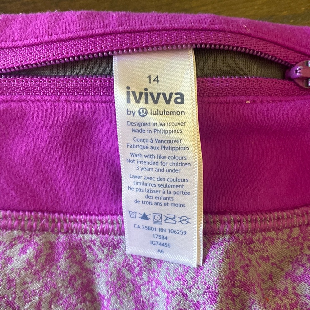 ivivva (lululemon), purple and gray athletic shorts, size 14 kids
